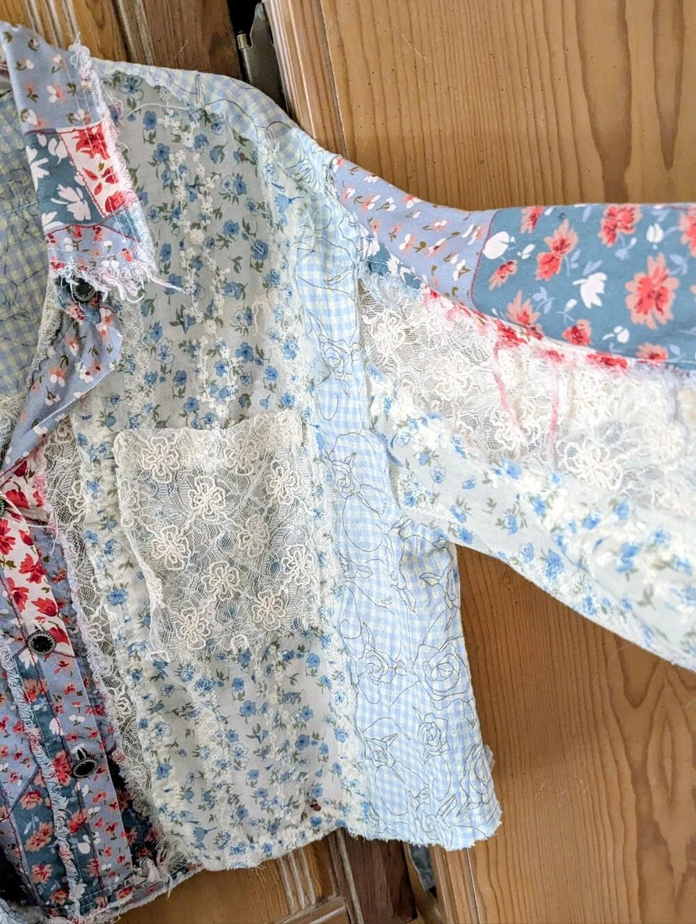 POL Patchwork Floral Button-Down Shirt in Blue, White, Red - Picture 3 of 3